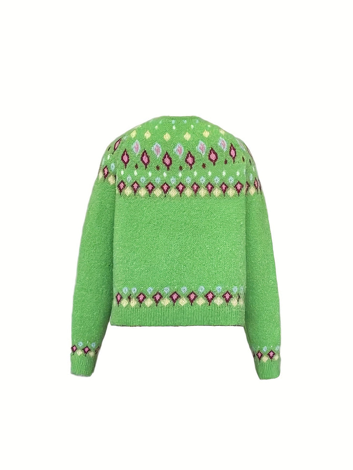 Rosemary Fair Isle button-front cardigan in greenish yellow, back view flat lay
