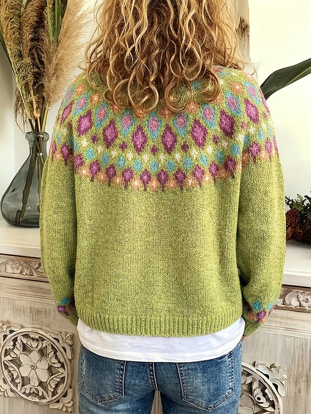 Rosemary Fair Isle button-front cardigan in greenish yellow, back view flat lay