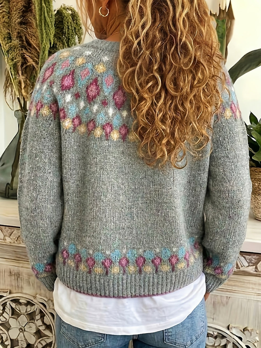 Rosemary Fair Isle button-front cardigan in greenish yellow, back view flat lay