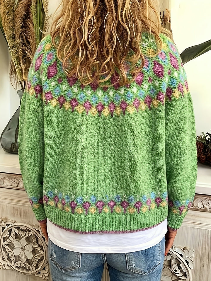 Rosemary Fair Isle button-front cardigan in greenish yellow, back view flat lay