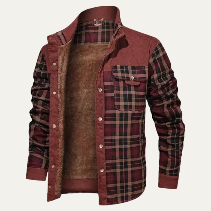 Rowan sherpa lined plaid shirt jacket in burgundy, open front view showing fleece lining