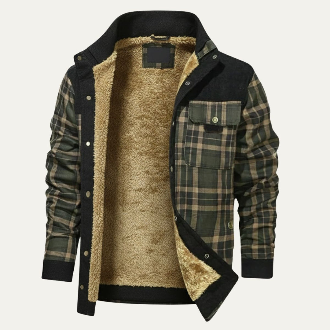 Rowan black and olive plaid shirt jacket, open front view showing fleece lining