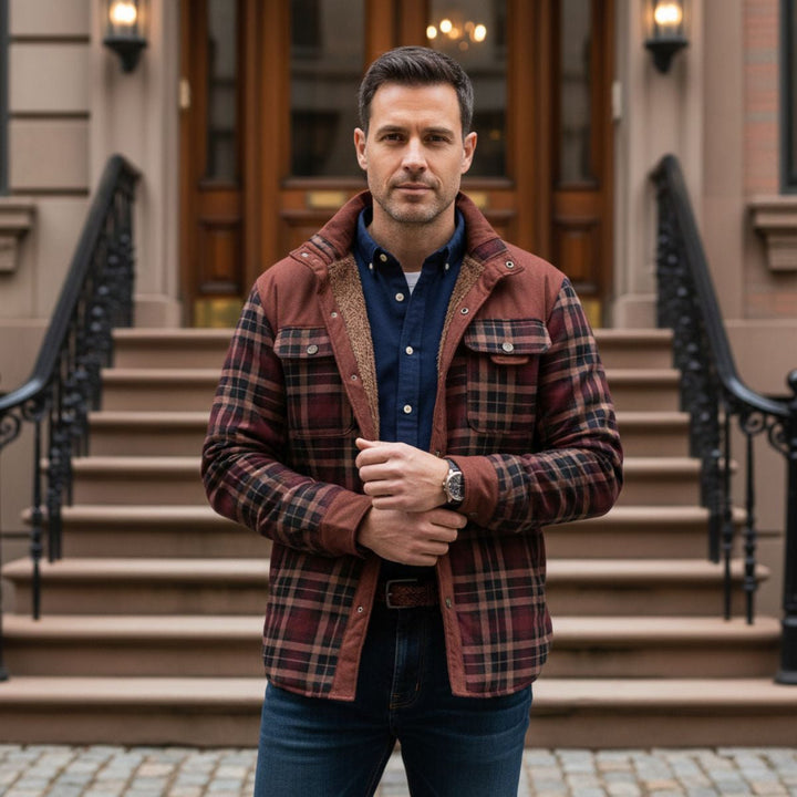 Rowan burgundy plaid shirt jacket styled with denim jeans, lifestyle front view