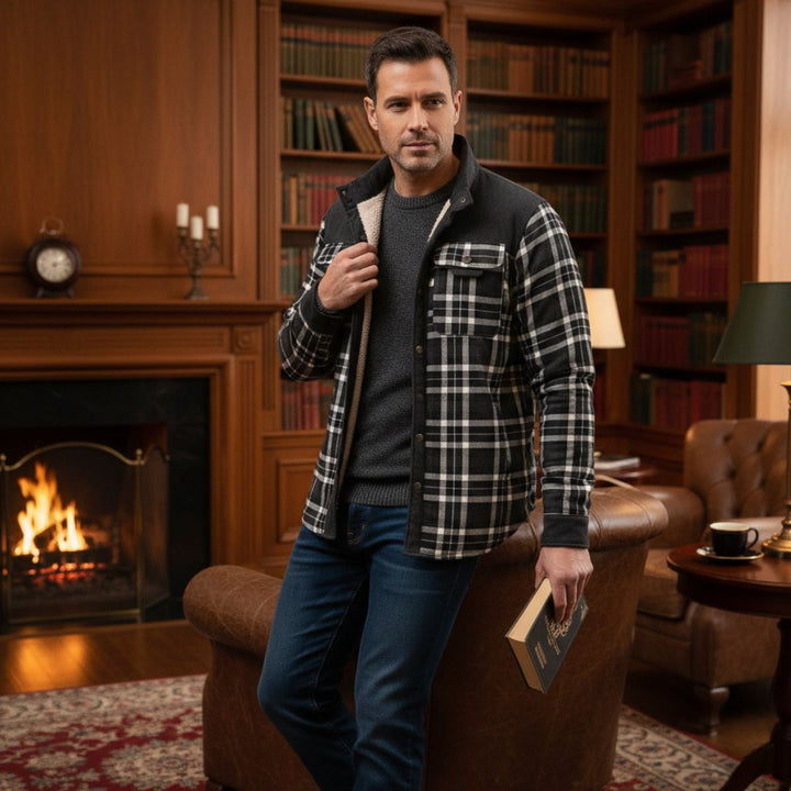 Rowan charcoal plaid shirt jacket styled with a sweater, lifestyle front view