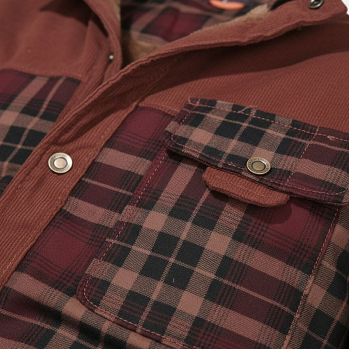 Close-up of Rowan burgundy plaid shirt jacket chest pocket and snap button detail