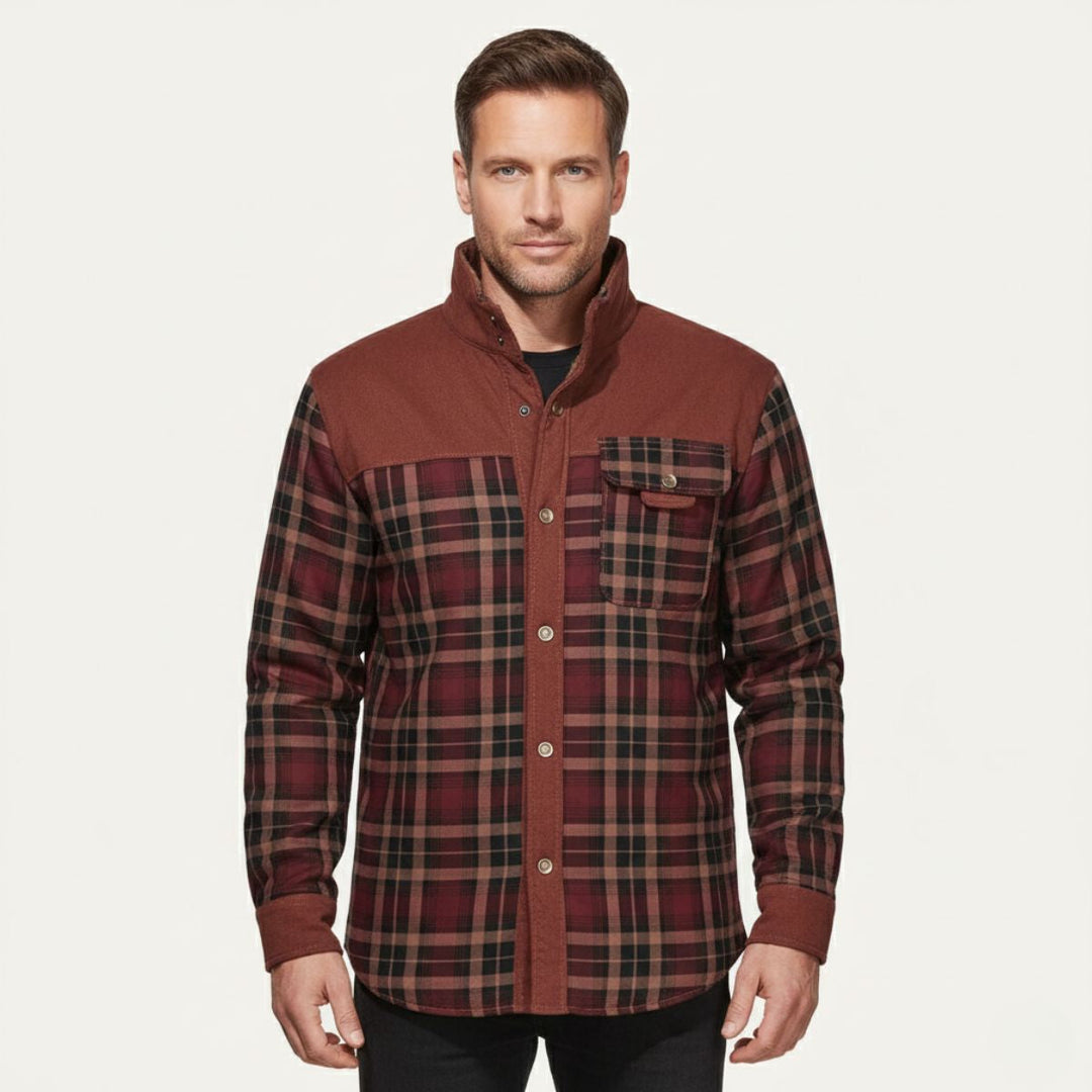 Rowan burgundy plaid shirt jacket, front view on model