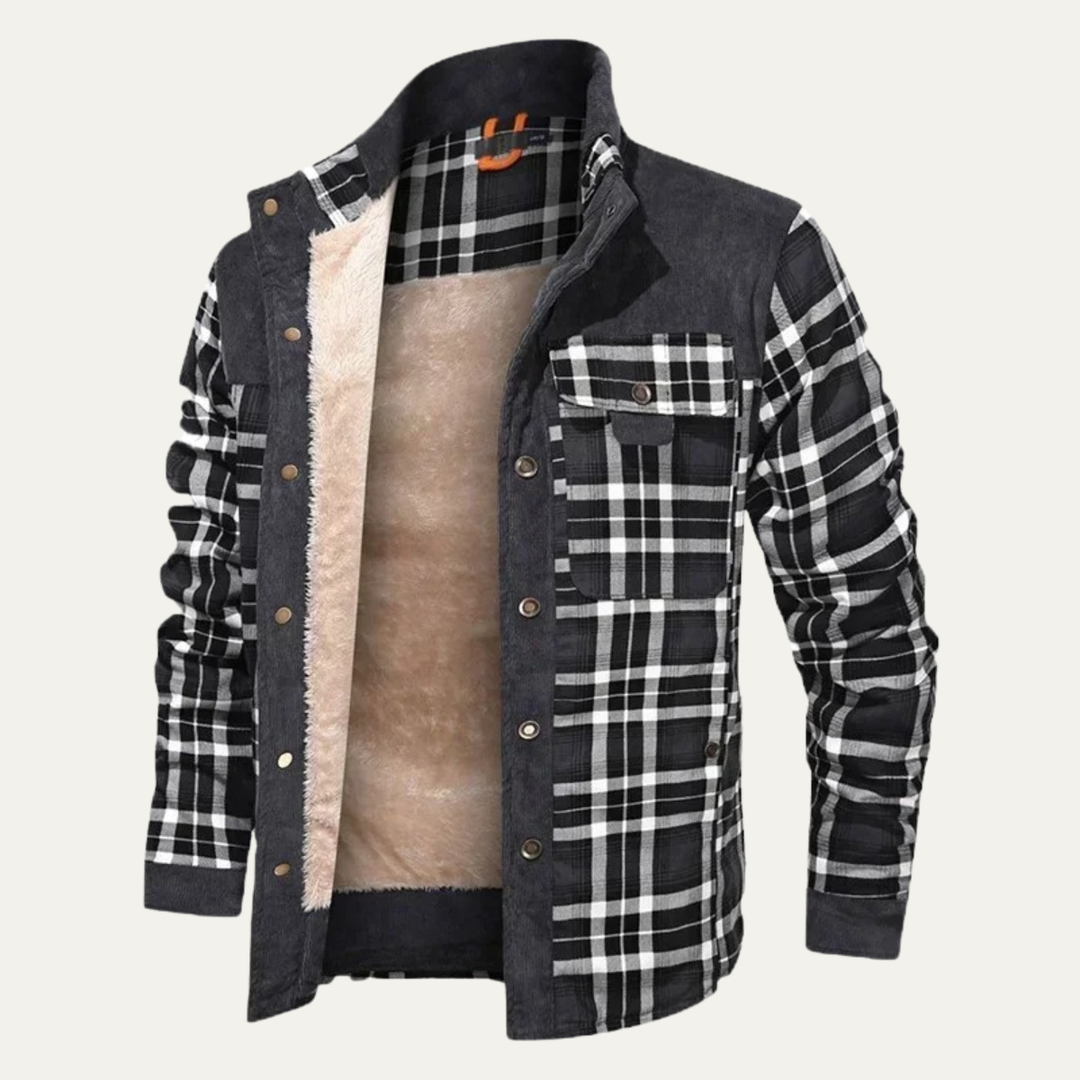 Rowan sherpa lined plaid shirt jacket in charcoal and white, open front view showing fleece lining