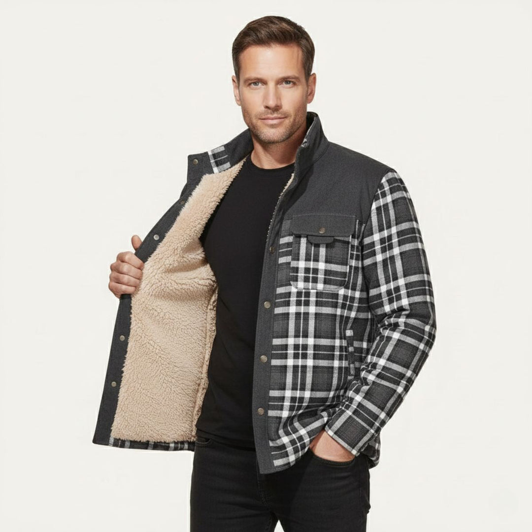 Rowan charcoal plaid shirt jacket, open front view on model with hand in pocket