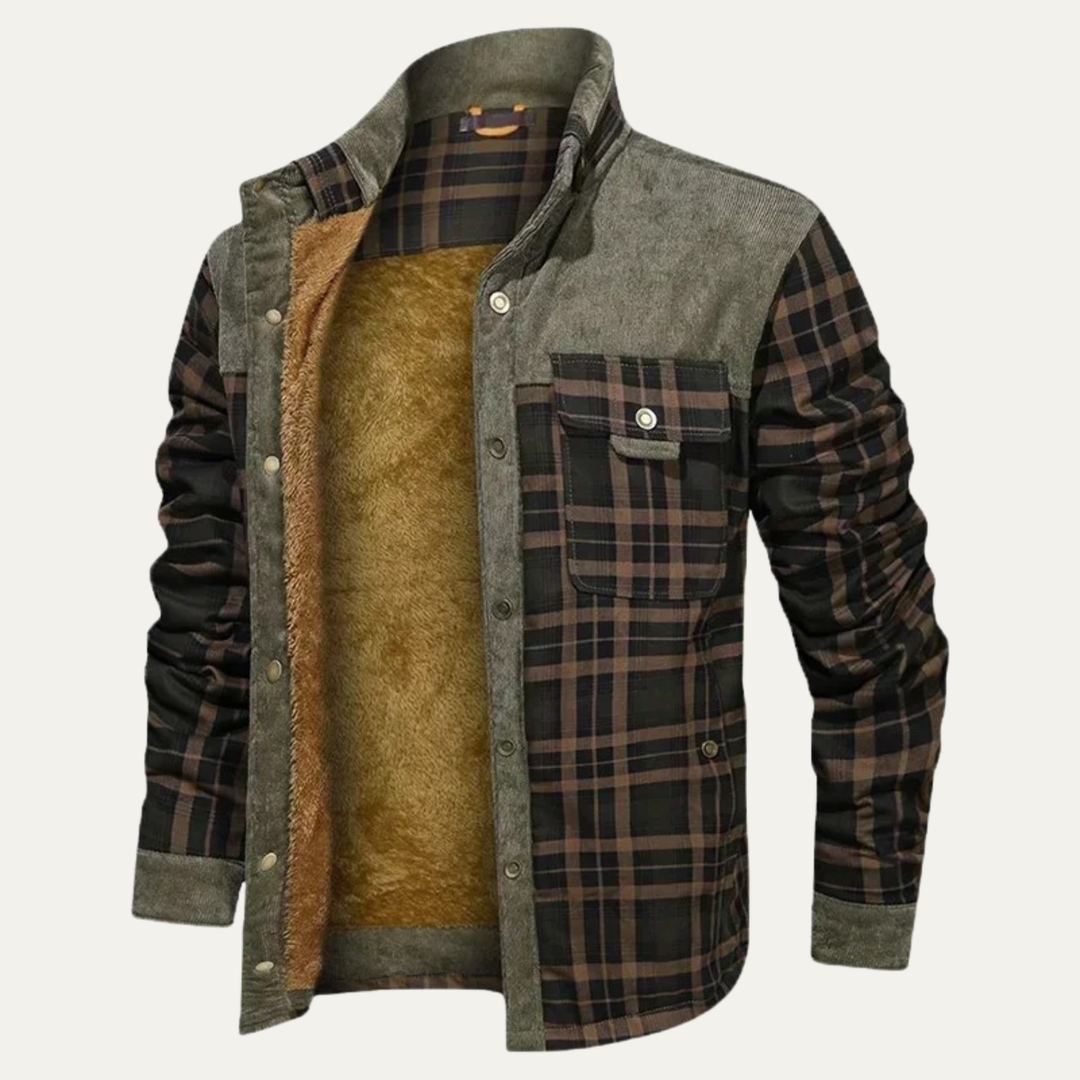 Rowan sherpa lined plaid shirt jacket in olive green, open front view showing fleece lining