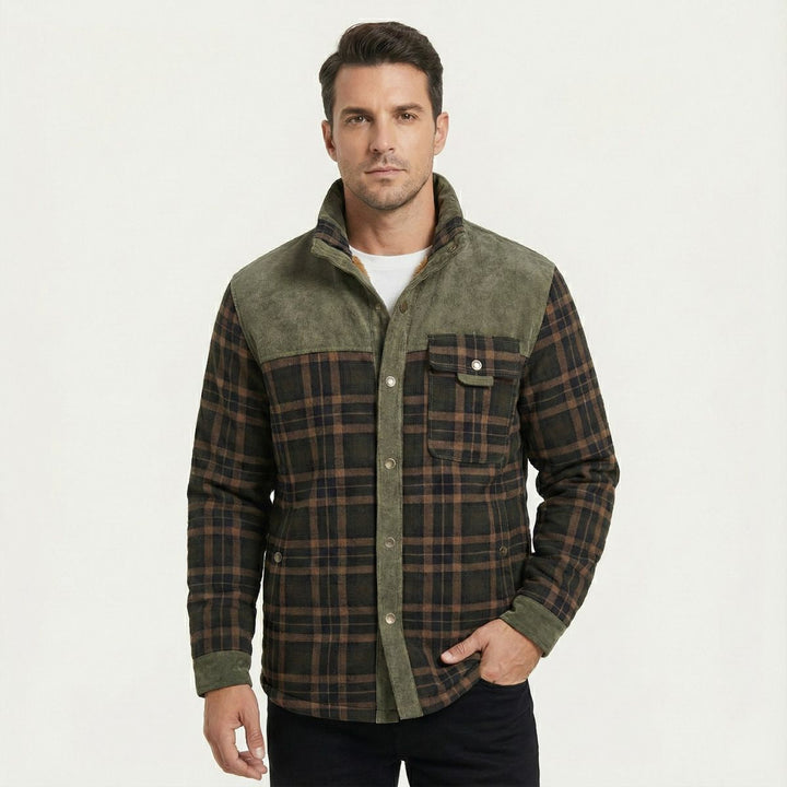 Rowan olive plaid shirt jacket, front view on model