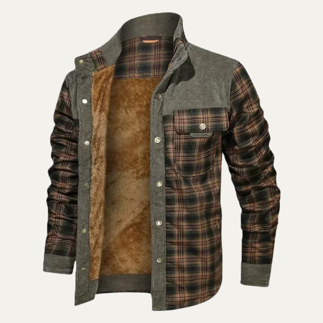 Rowan sherpa lined plaid shirt jacket in olive and brown, open front view showing fleece lining