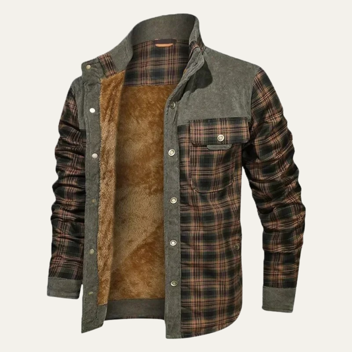 Rowan sherpa lined plaid shirt jacket in olive and brown, open front view showing fleece lining