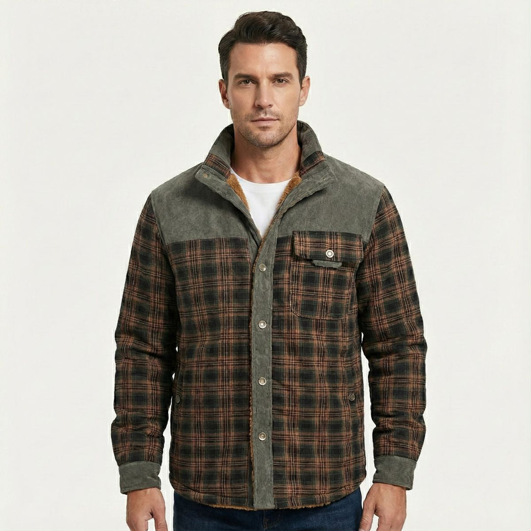 Rowan olive and brown plaid shirt jacket, front view on model