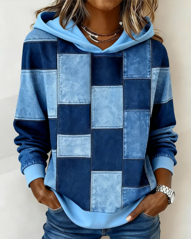 Sabina patchwork print hoodie with drawstring hood, front view close-up
