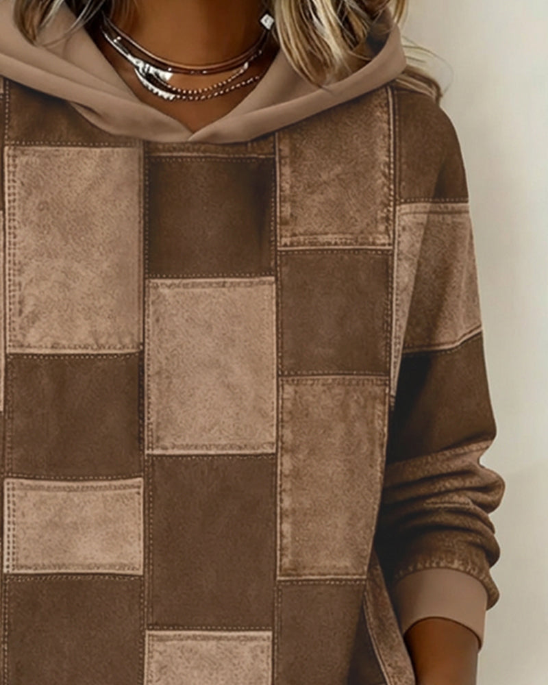 Sabina patchwork print hoodie in gray colorway, front view