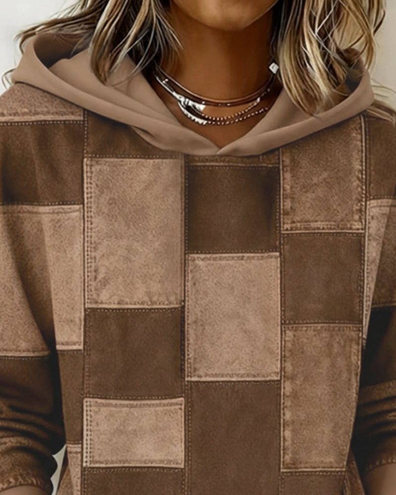 Sabina patchwork print hoodie in gray colorway, front view