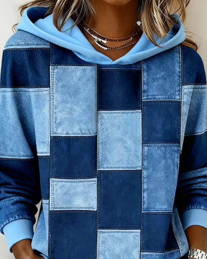 Sabina patchwork print hoodie, detail of hood and neckline