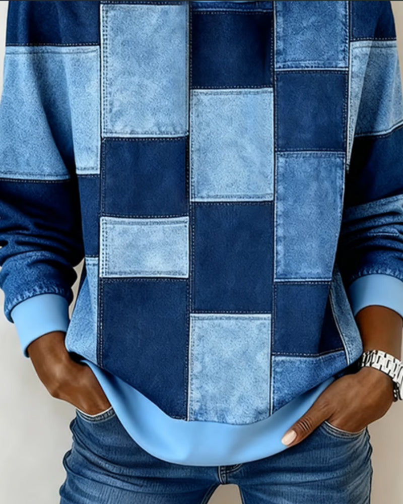 Sabina patchwork print hoodie, close-up of front pouch pocket