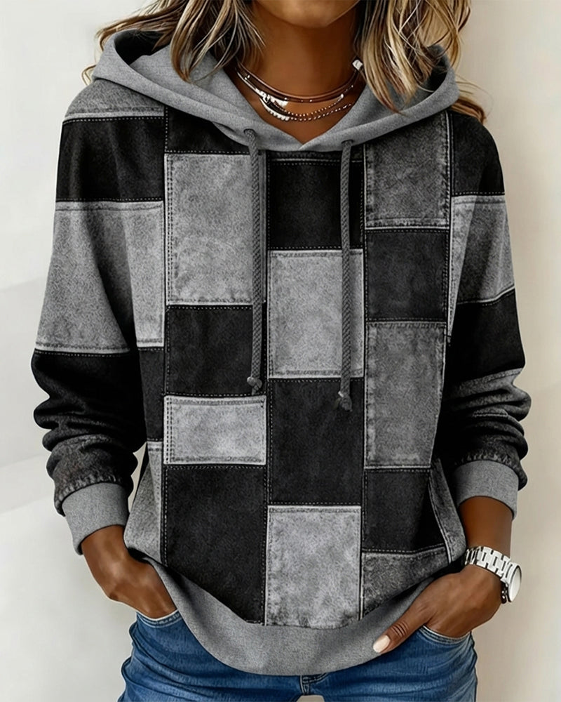 Sabina patchwork print hoodie in gray colorway, front view