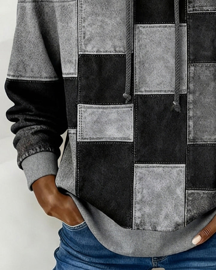 Sabina patchwork print hoodie in gray colorway, front view