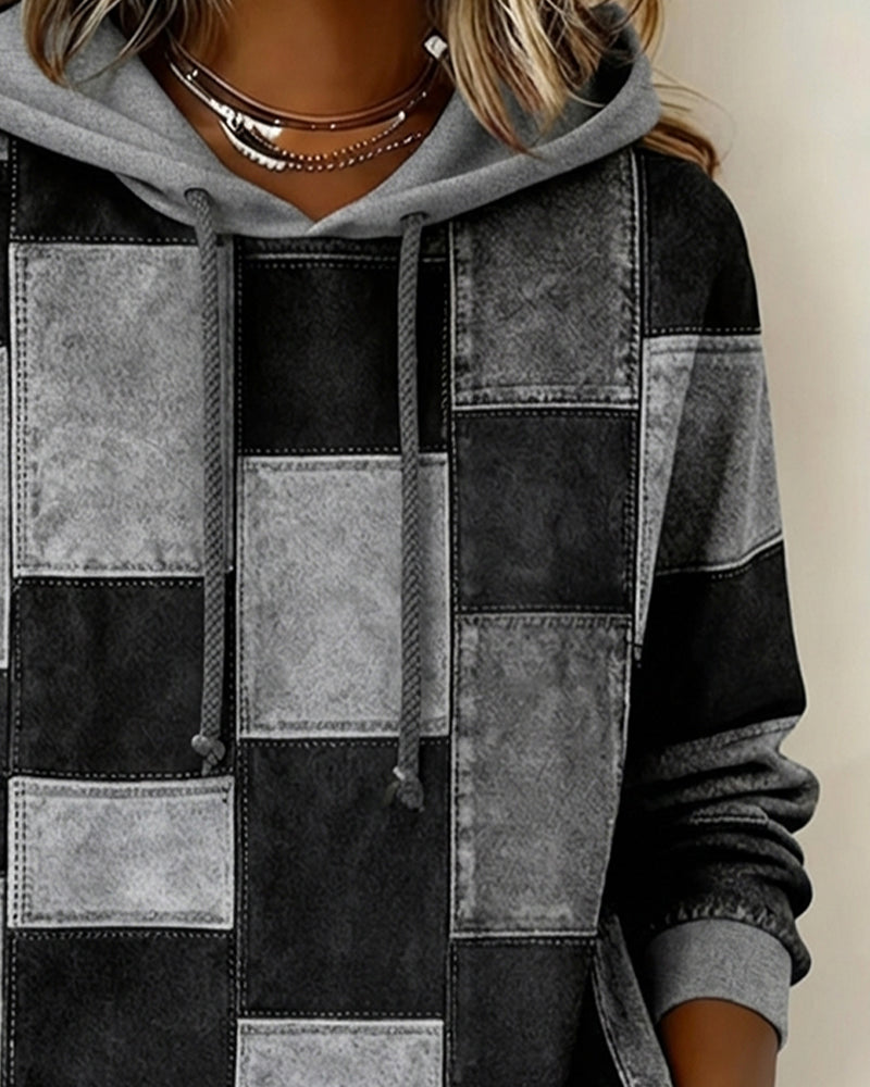 Sabina patchwork print hoodie in gray colorway, front view