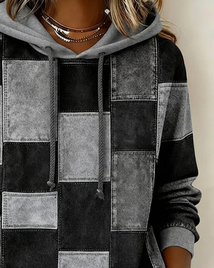 Sabina patchwork print hoodie in gray colorway, front view