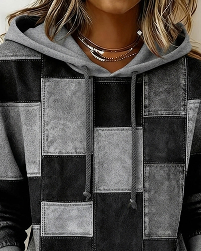Sabina patchwork print hoodie in gray colorway, front view
