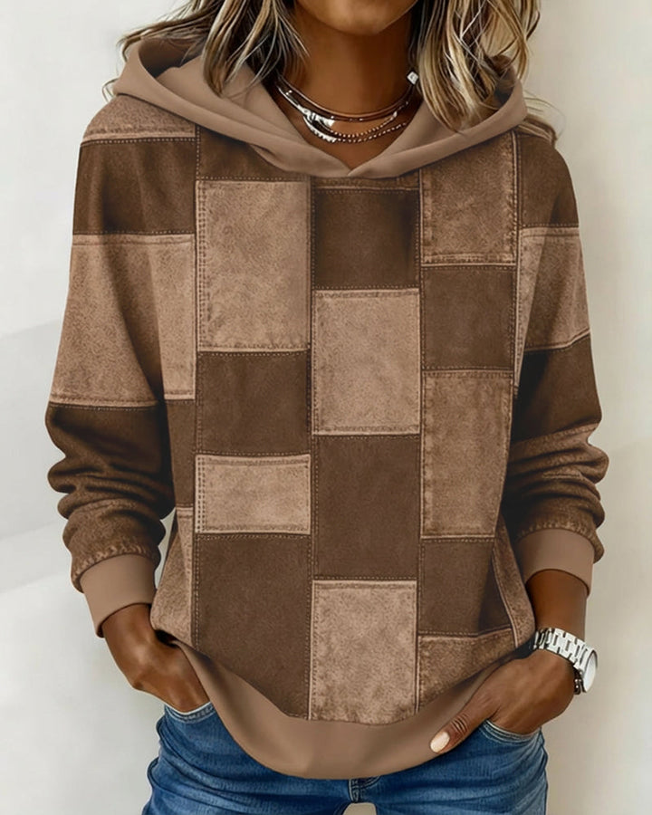 Sabina patchwork print hoodie in gray colorway, front view