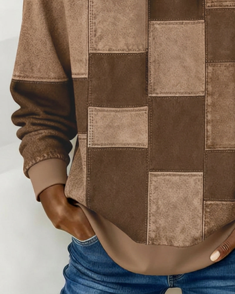 Sabina patchwork print hoodie in gray colorway, front view