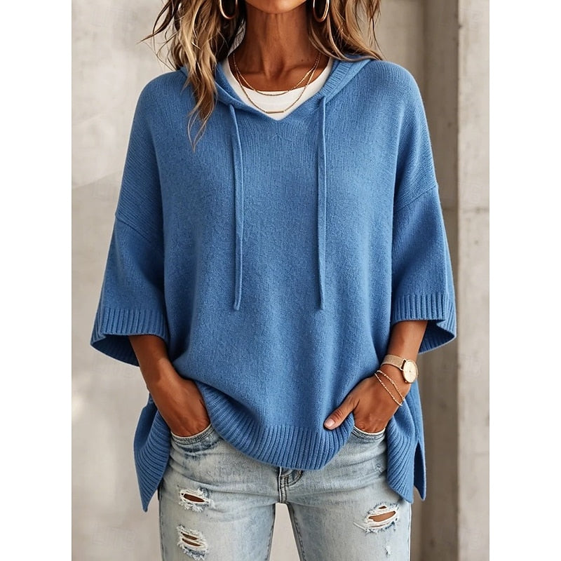 Sabrina hooded relaxed jumper, close-up front view with drawstring hood
