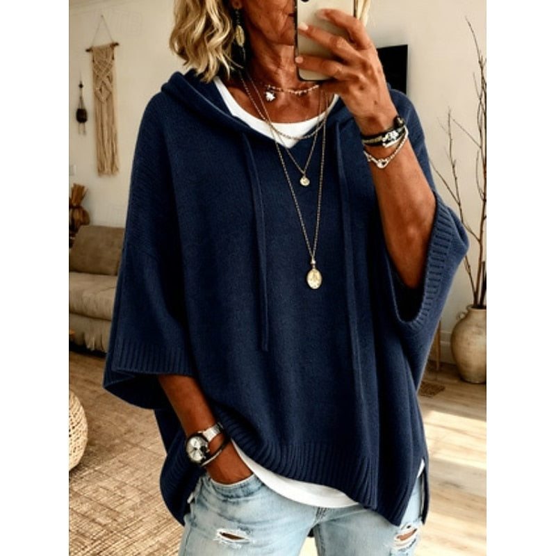 Sabrina hooded relaxed jumper, back view showing hood and side slit