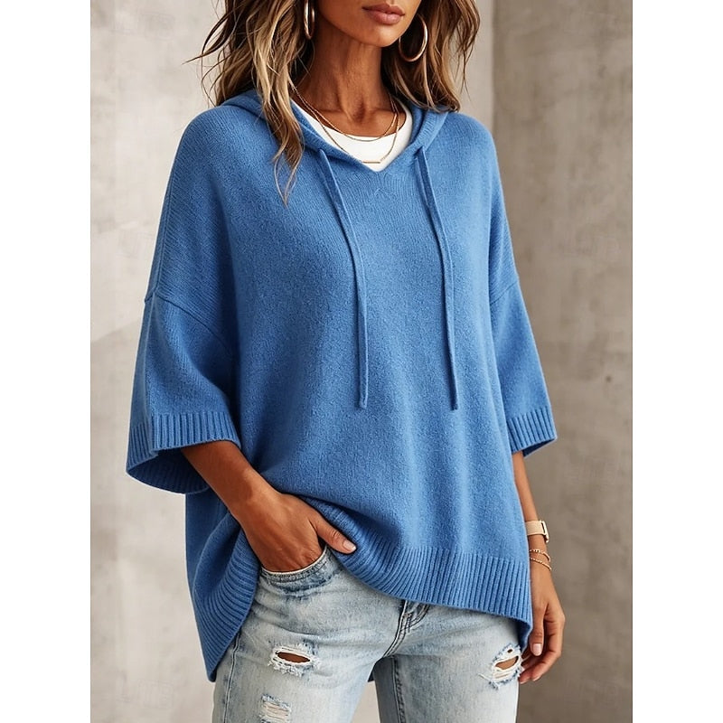 Sabrina hooded relaxed jumper, front view with hand in pocket