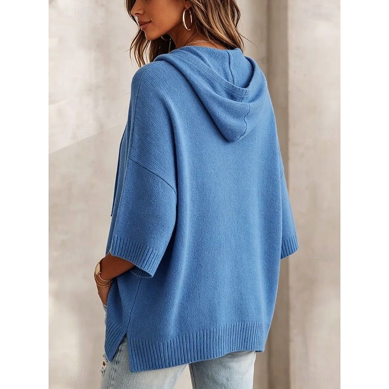 Sabrina hooded relaxed jumper, back view showing hood and side slit