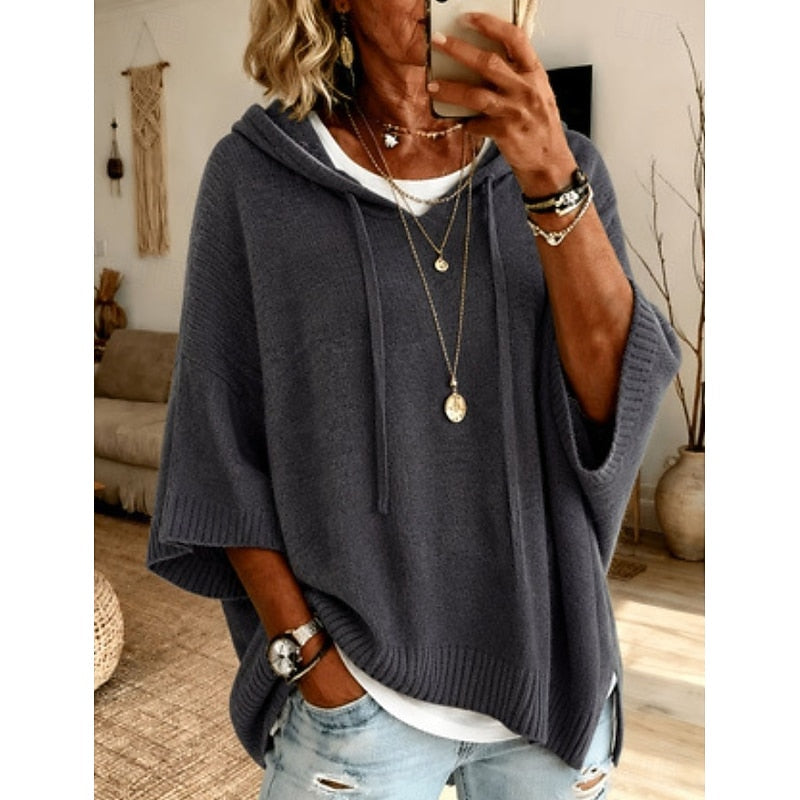Sabrina hooded relaxed jumper, back view showing hood and side slit