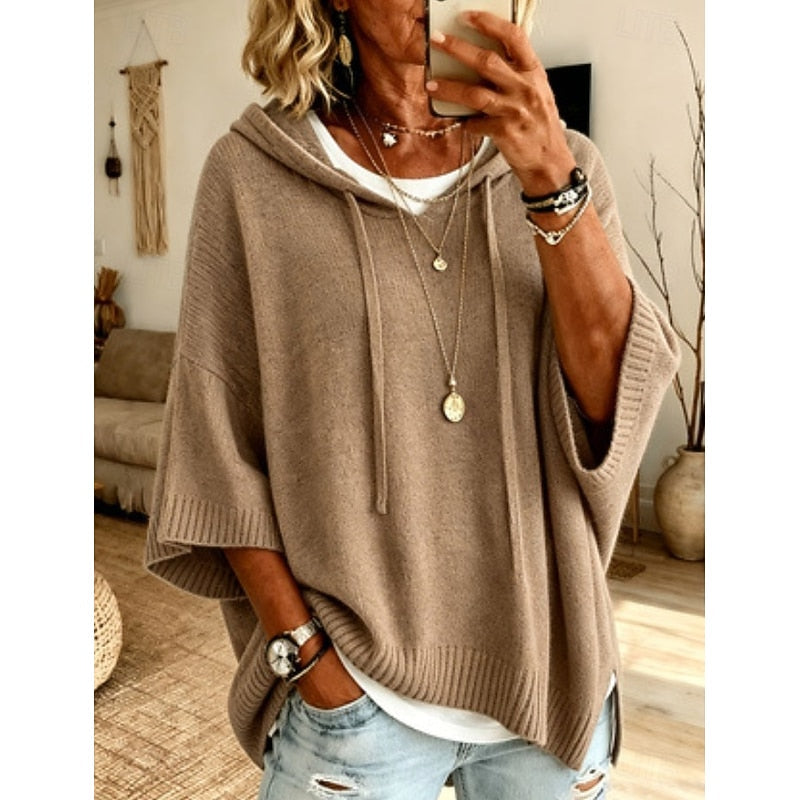 Sabrina hooded relaxed jumper, back view showing hood and side slit
