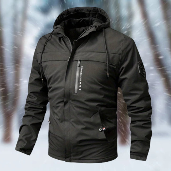 Sawyer hooded waterproof winter jacket in black, front view