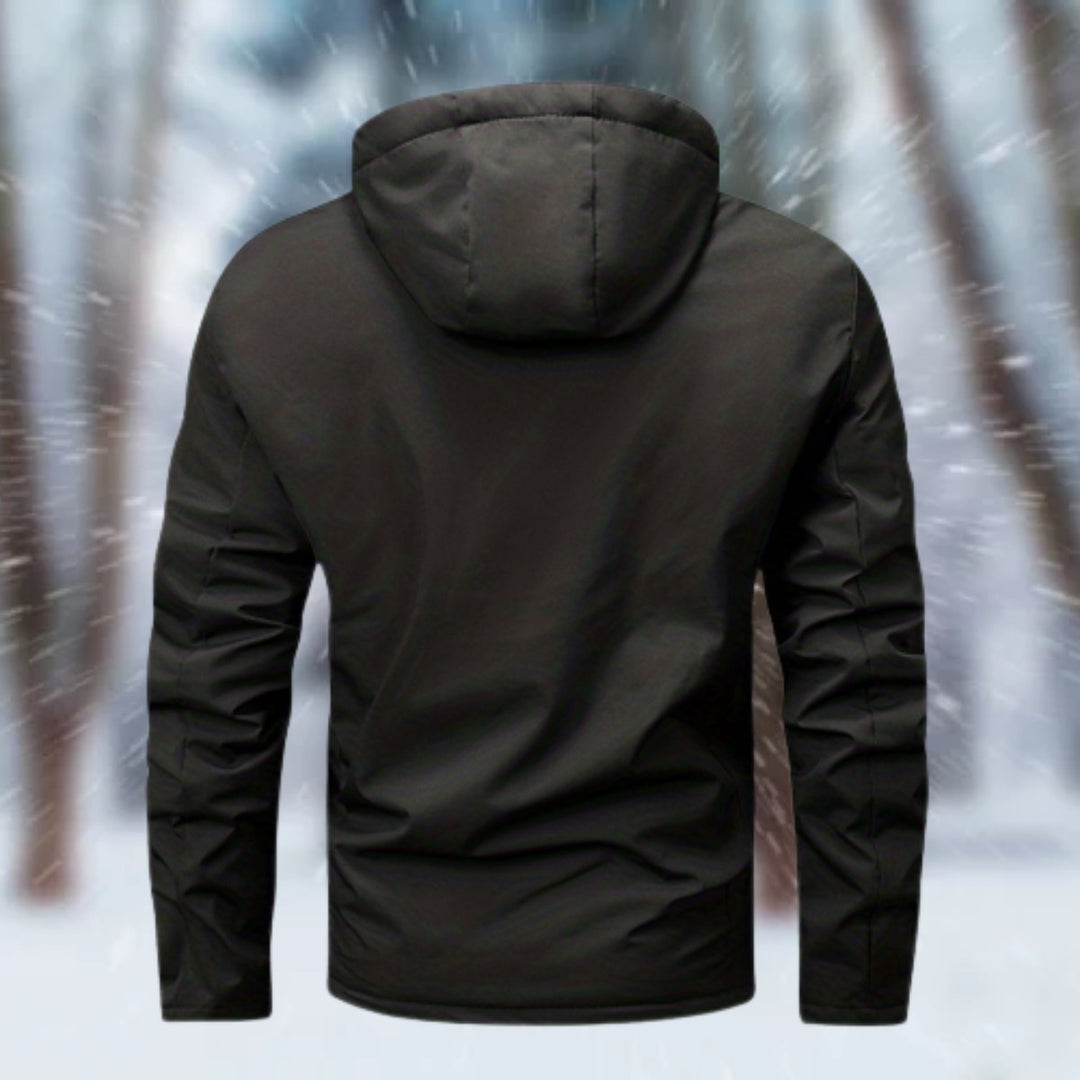 Sawyer hooded waterproof winter jacket in black, back view