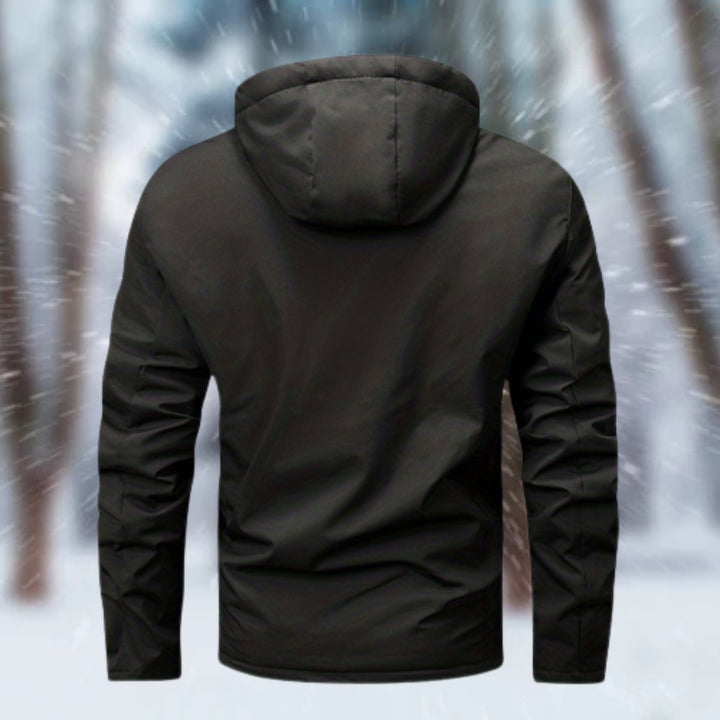 Sawyer hooded waterproof winter jacket in black, back view