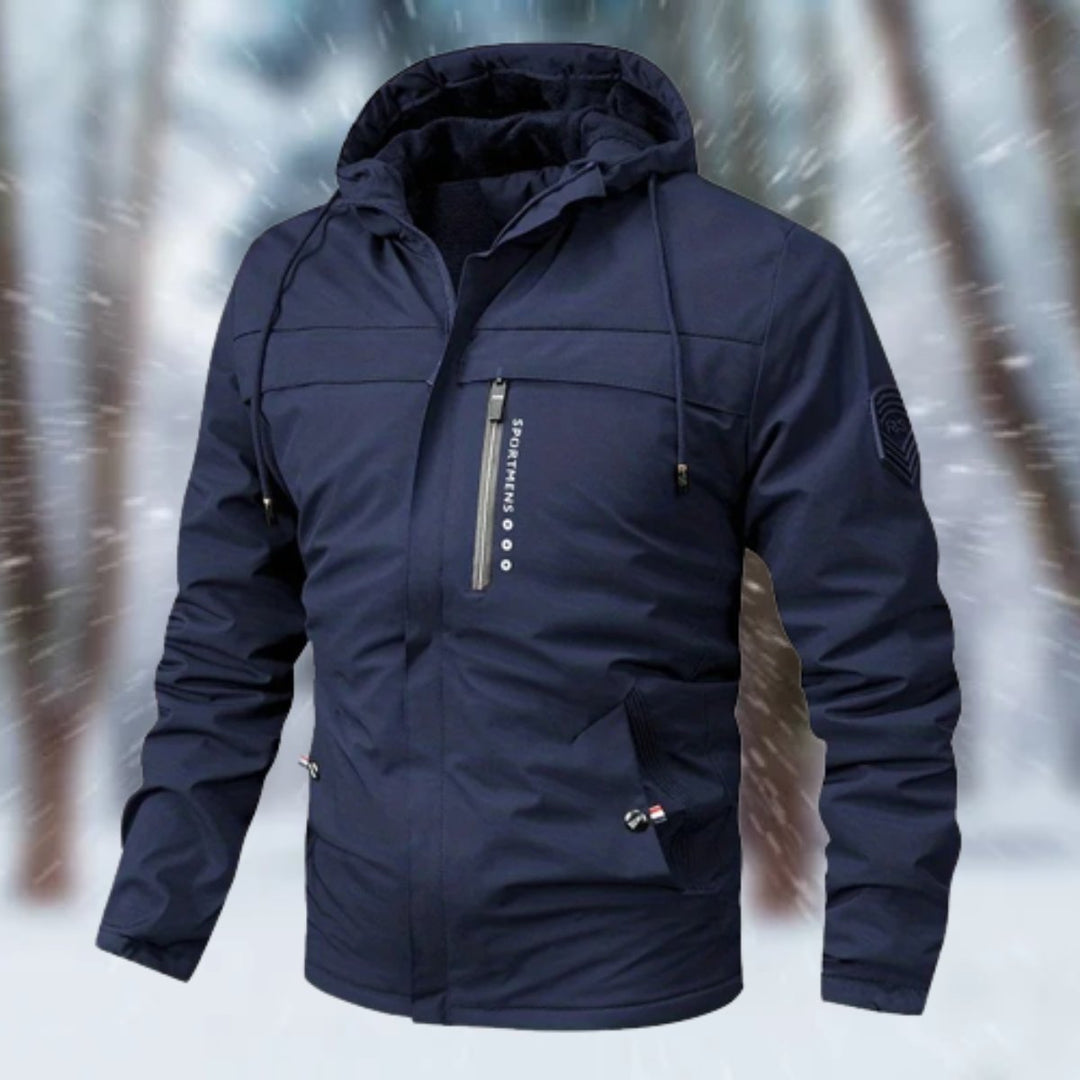 Sawyer hooded waterproof winter jacket in navy, front view