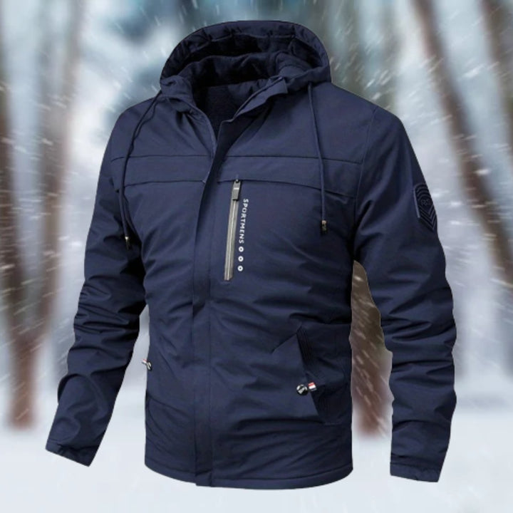Sawyer hooded waterproof winter jacket in navy, front view