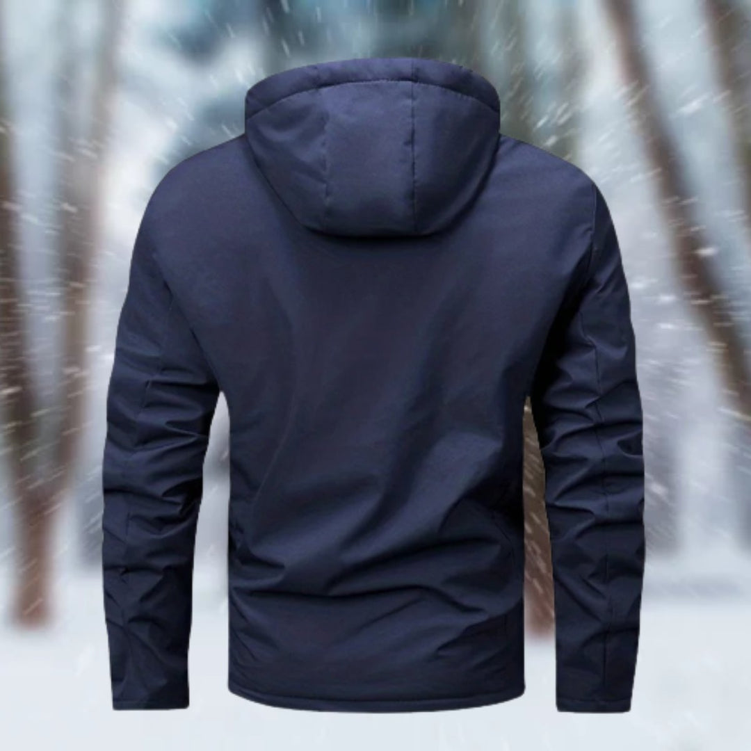 Sawyer hooded waterproof winter jacket in navy, back view