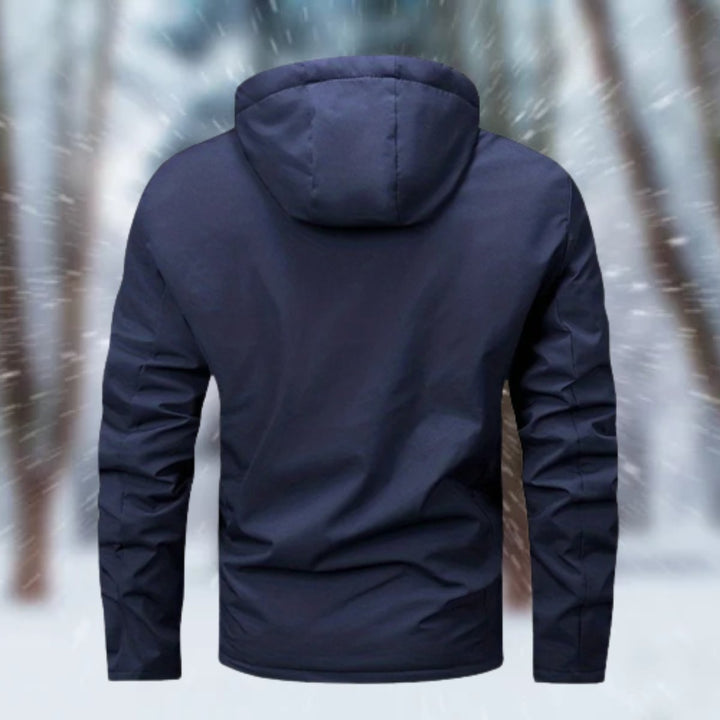 Sawyer hooded waterproof winter jacket in navy, back view