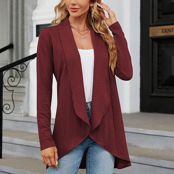 Selene draped open-front cable knit cardigan in burgundy, front view