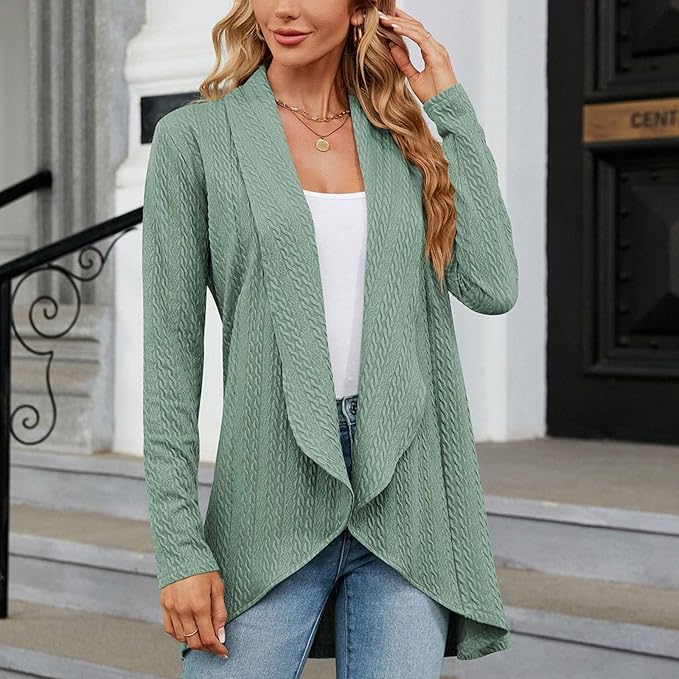 Selene draped open-front cable knit cardigan in sage green, front view