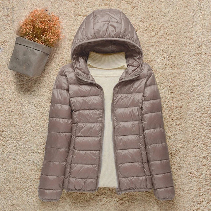 Seraphina lightweight hooded puffer jacket in taupe, front view