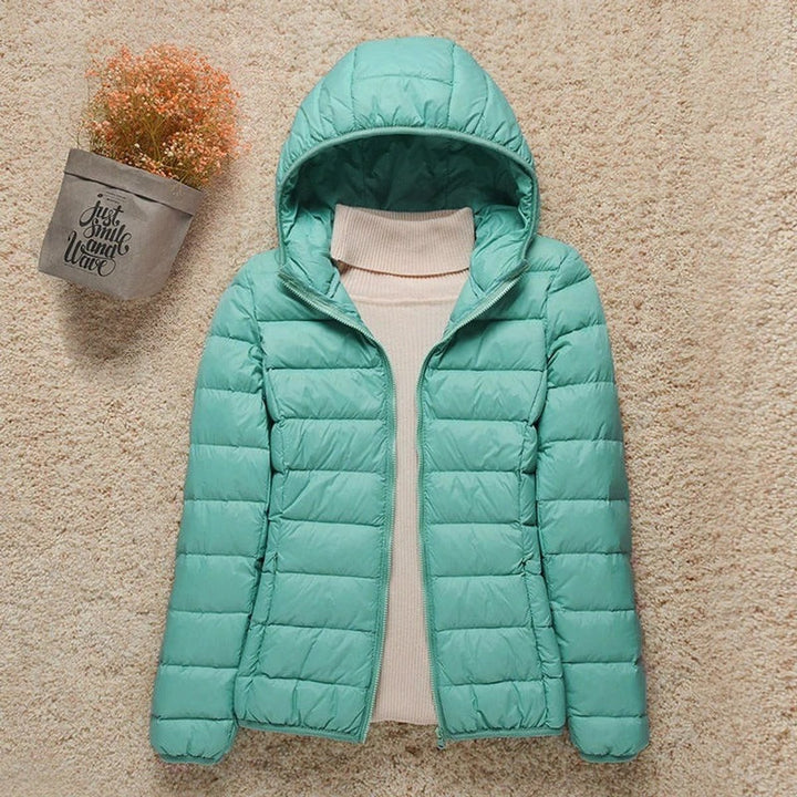 Seraphina lightweight hooded puffer jacket in black, front view