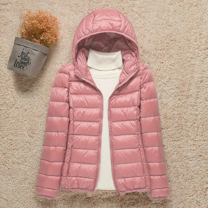 Seraphina lightweight hooded puffer jacket in black, front view
