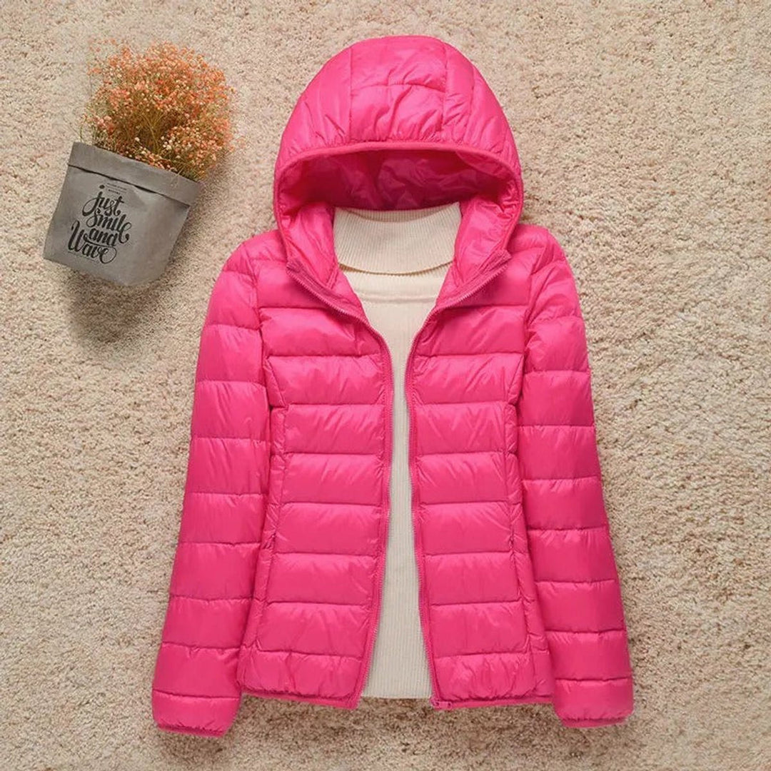 Seraphina lightweight hooded puffer jacket in black, front view