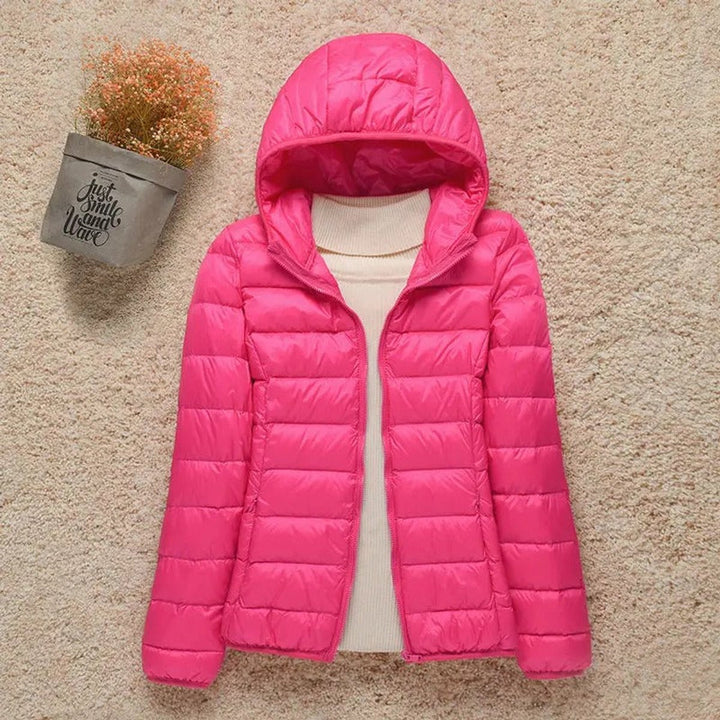 Seraphina lightweight hooded puffer jacket in black, front view
