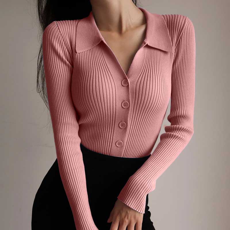 Seraphine ribbed button down cardigan in pink, front view
